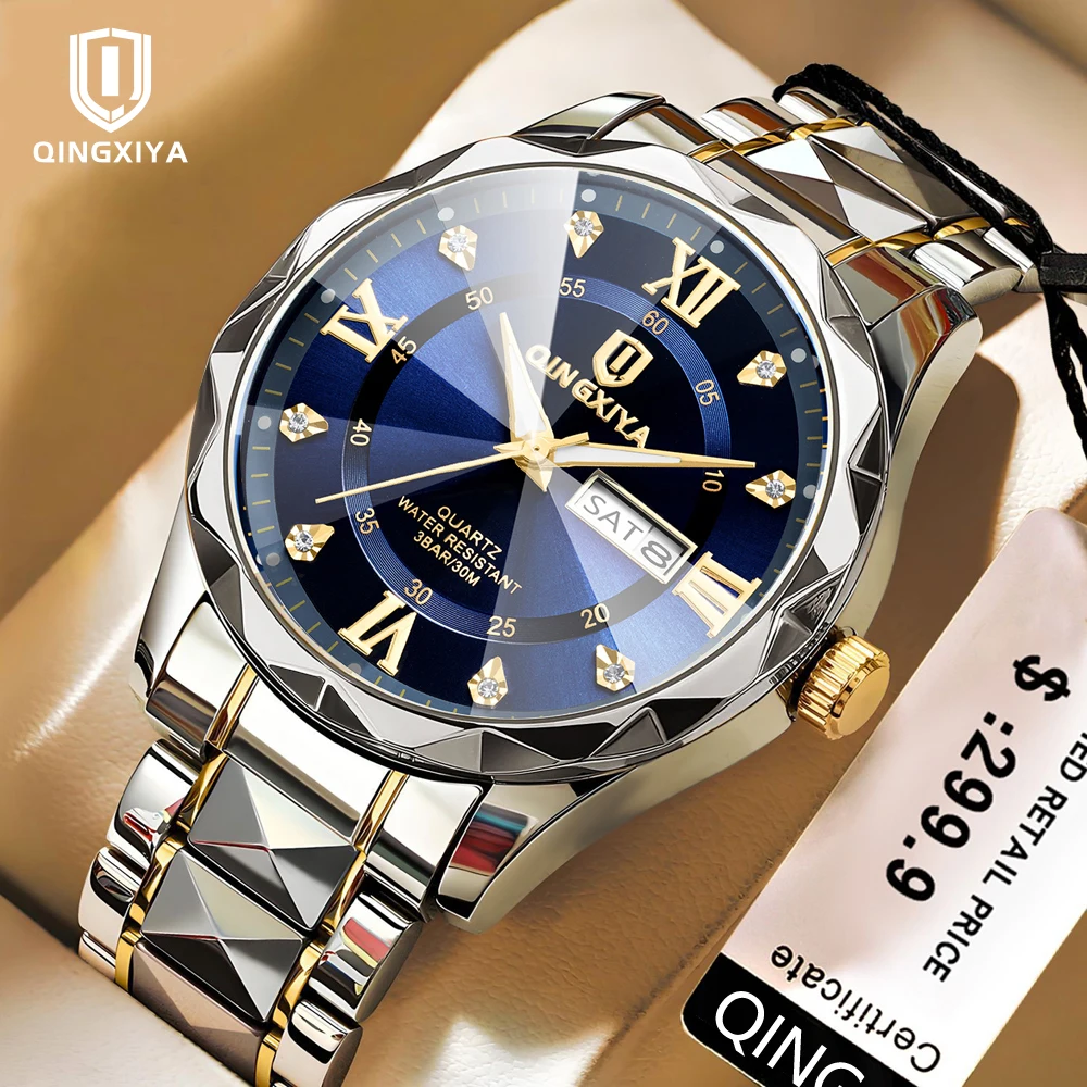 QINGXIYA Luxury Men Quartz Watch Waterproof Date Week Luminous Wristwatch Stainless Steel Men's Watches Male Clock Sports Reloj