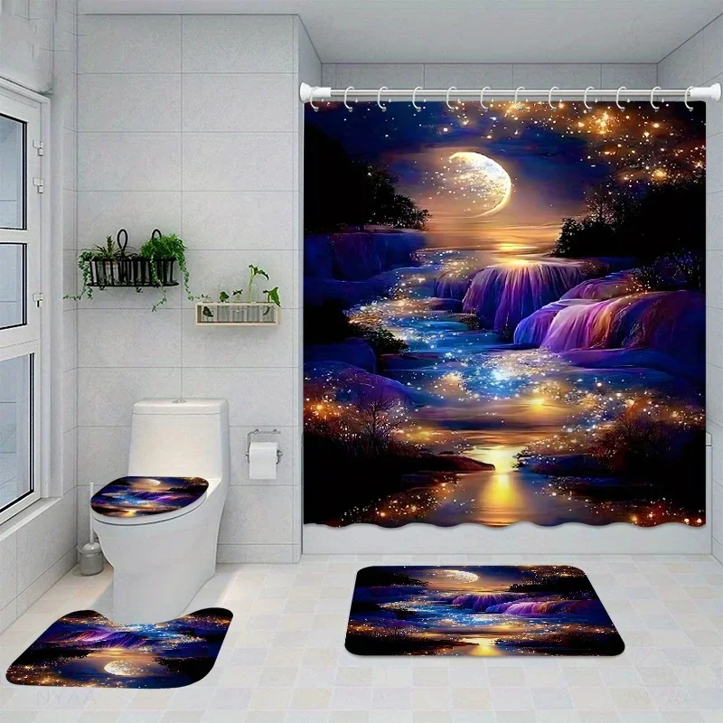 4피스 방수 샤워커튼 세트 (12개 후크 포함) + 변기 커버 + 욕실 매트 (미끄럼..