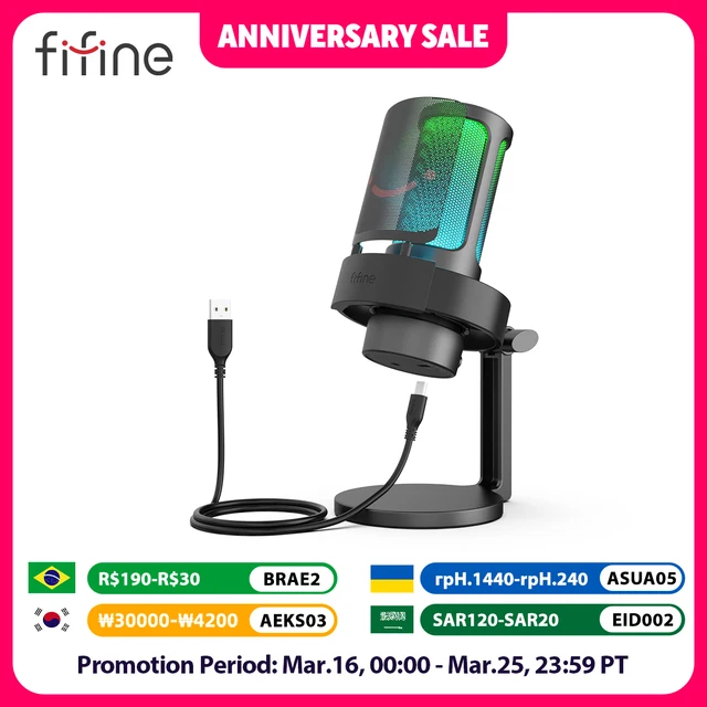 FIFINE USB Microphone for Recording and Streaming on PC and Mac,Headphone Output and Touch-Mute Button,Mic with 3 RGB Modes -A8