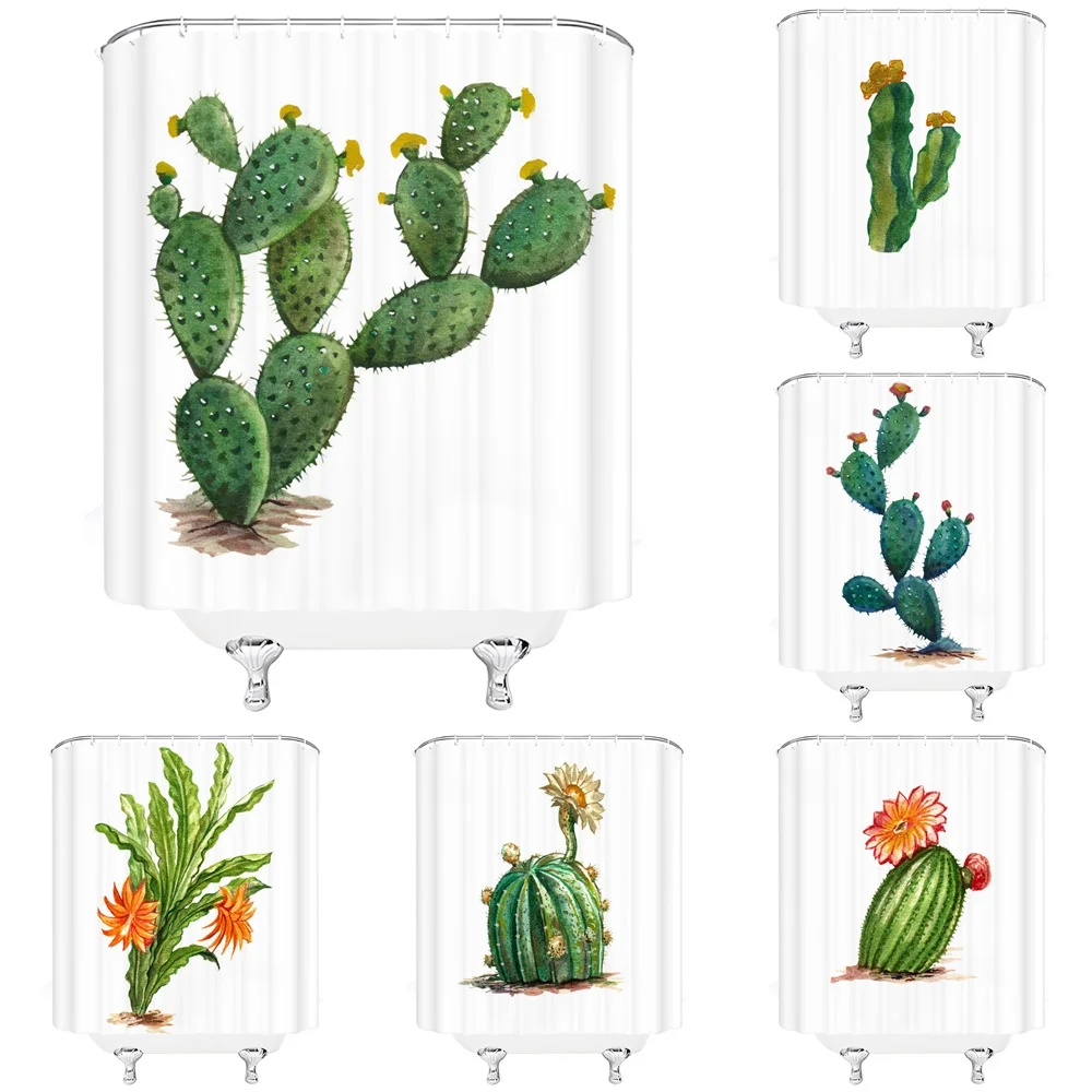 

Cactus Plant Decor Shower Curtain Modern Design Tropical Succulents Waterproof Polyester Fabric Bathroom Curtains Home with Hook