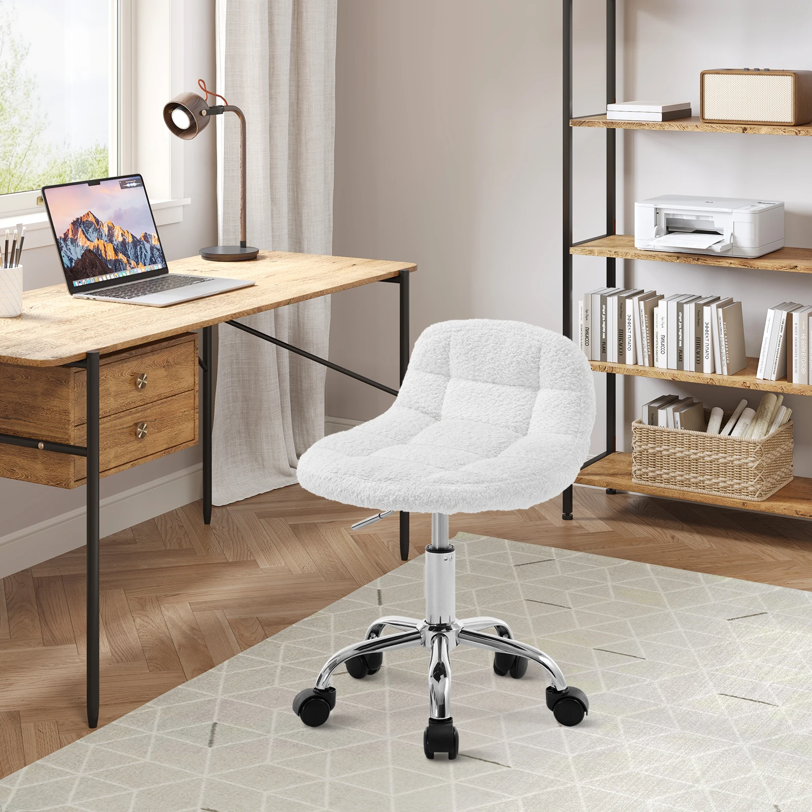 WOLTU Velvet Office Stool with Wheels Low Backrest Swivel