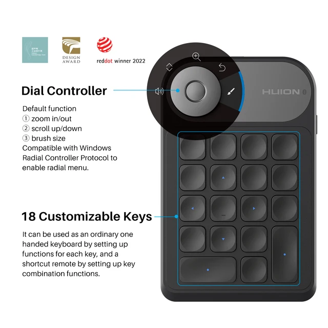 Huion K20 Keydial mini Keyboard for Drawing Tablet, PC and Phone,18 Keys Keyboard + Dial Controller,Upgraded version 2