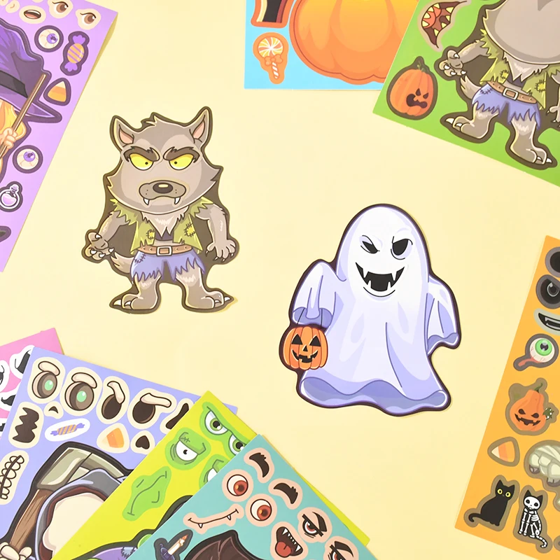 8 Blatt Kinder DIY Puzzle Aufkleber Halloween Cartoon Make A Face Aufkleber Lustige Hexe Geisterschädel Kürbis Mumie Lernspiel – Detail 5