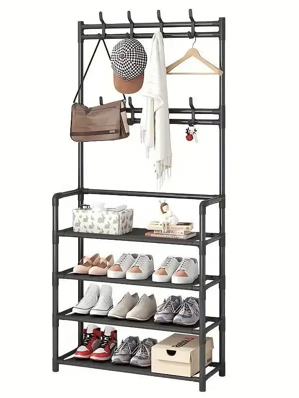 A clothes hanger and shoe rack at the entrance, used for storing shoes, clothes, jackets, hats, bags, umbrellas in the hallway