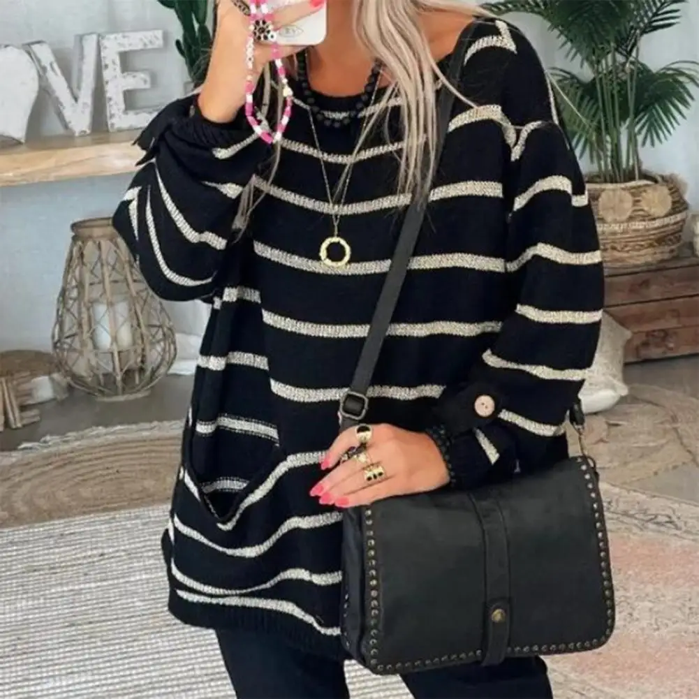 

Striped Pullover Sweater Skin-Touch Coldproof Fashion Lady Autumn Winter Striped Print Oversized Knitting Sweater Jumper
