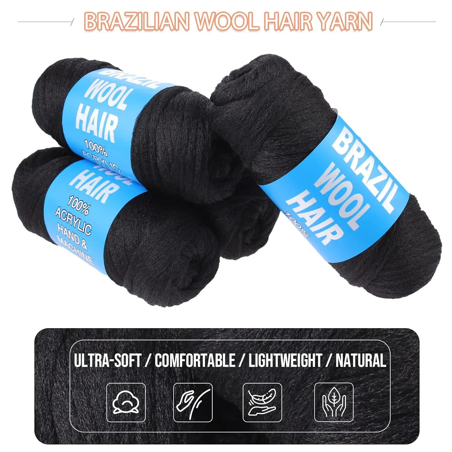 Brazilian Wool Hair Hand Knitting Brazilian Wool for Braiding Hair Natural Black Wool Hair for Crochet Braid Faux Locs Crochet 5