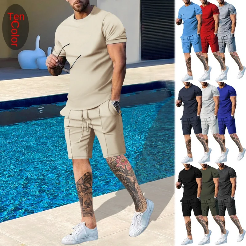 

2023 Wish Men's Suits Summer Cross-Border Amazon Sports and Leisure Solid Color Crew Neck T-shirt Short Sleeves Suit for Men