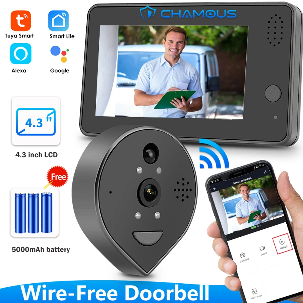 smart intercom system Tuya Wireless Doorbell 1080P Video Peephole Intercoms For Smart Home Apartment Alexa WiFi Door Bell 4.3inch LCD Cat Eye Monitor door station