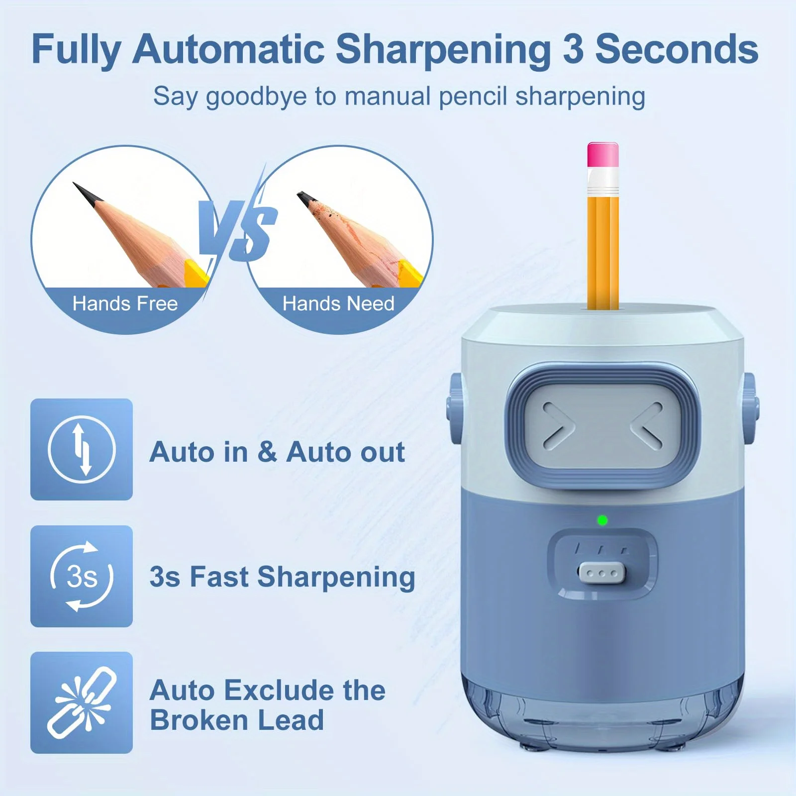 휴대용 자동 연필깎이, 6.5-8mm 연필 호환, 자동 공급 설계, 조절 가능한 날끝 설정, 충전식