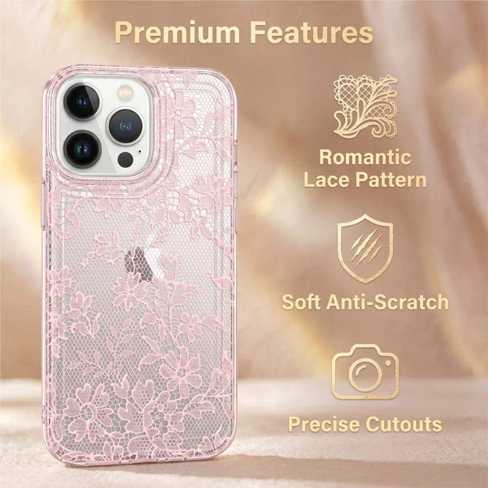 รูปสินค้า เคสโทรศัพท์ลายลูกไม้สีชมพูใส สำหรับ iPhone 17 16 15 14 13 12 11 Pro Max - เคส TPU นิ่ม ป้องกันรอยขีดข่วน สไตล์หวานๆ
