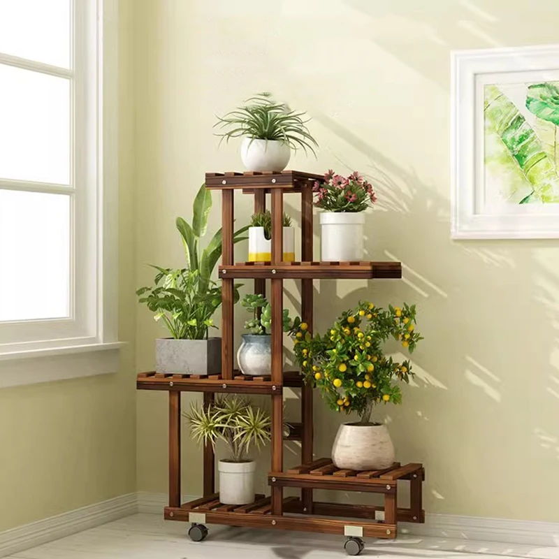 

Balcony Durable Wooden Veranda Shelf Wheels Succulent Multilayer Flowerpot Stand Floor Estante Para Macetas Plant Accessories