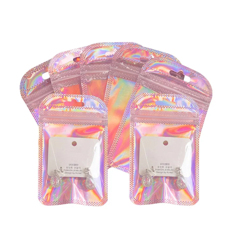 50/pcs Iridescent Self Sealing Bags Pink Laser Plastic Pouches Resealable Zip Lock Packaging for Jewelry Display Retail Bags