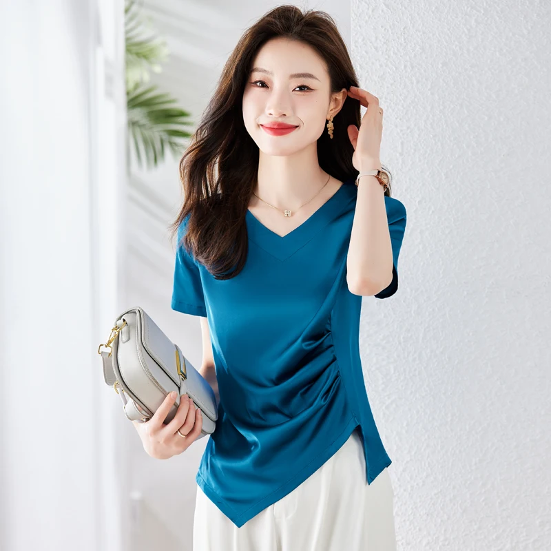 2024 Summer Blouse Women V-neck Slim Women Tops Solid Short Sleeves Women Clothing Fashion Thin White Ladies Tops Satin Blouses