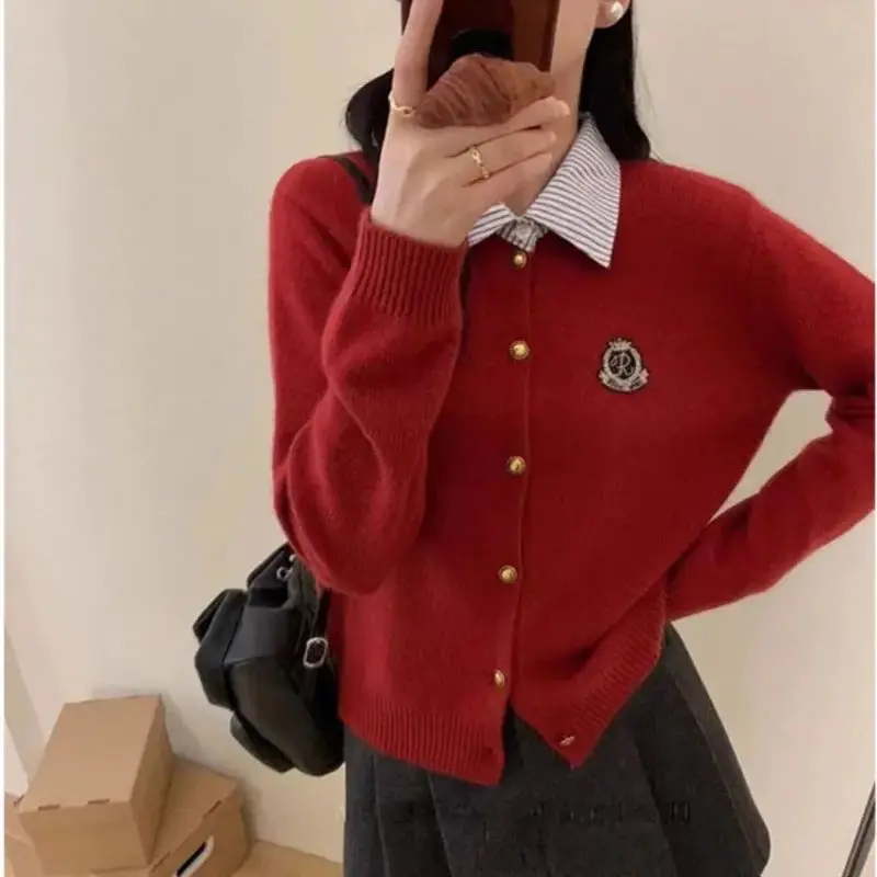 

Hsa Fake two-piece Polo collar cardigan sweater for women autumn and winter slim college style short sweater jacket top