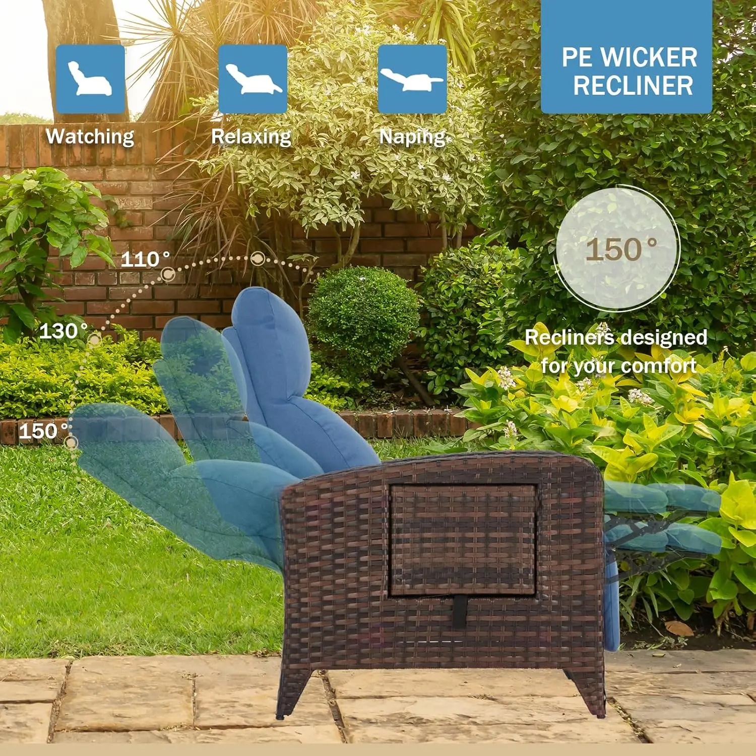 Outdoor Recliner Chair, Reclining Patio Chairs with Adjustable Back up to 150°Lay Flat and Extended Footrest, Wicker