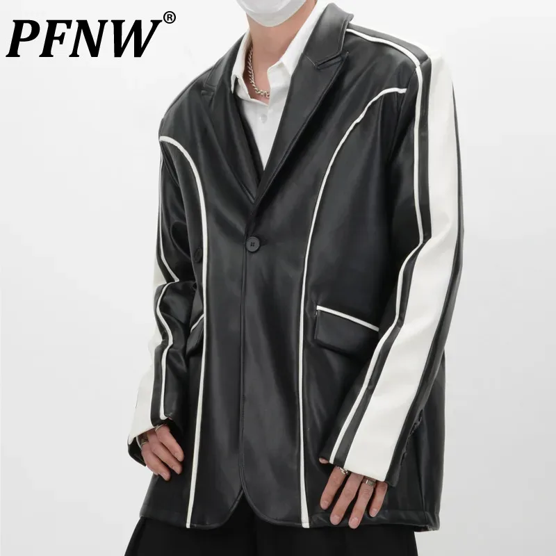 

PFNW Men's Autumn Winter New Tide Deconstructed PU Leather Single Suit Coat Loose Spliced High Sense Darkwear Blazers 12Z4466