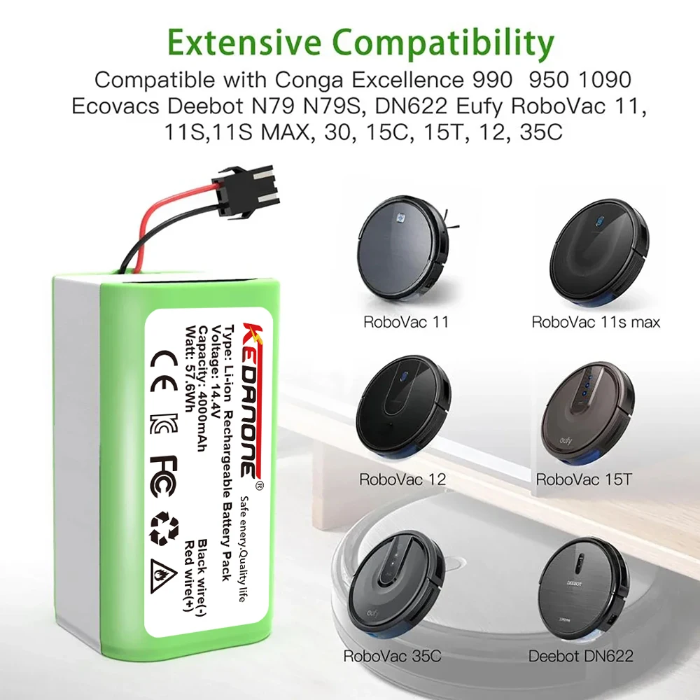 14.4V 4000mAh Li-ion Battery For Cecotec Conga Excellence 950 990 1090 Ecovacs Deebot DN621 601/605 Eufy RoboVac 35C i7 V710