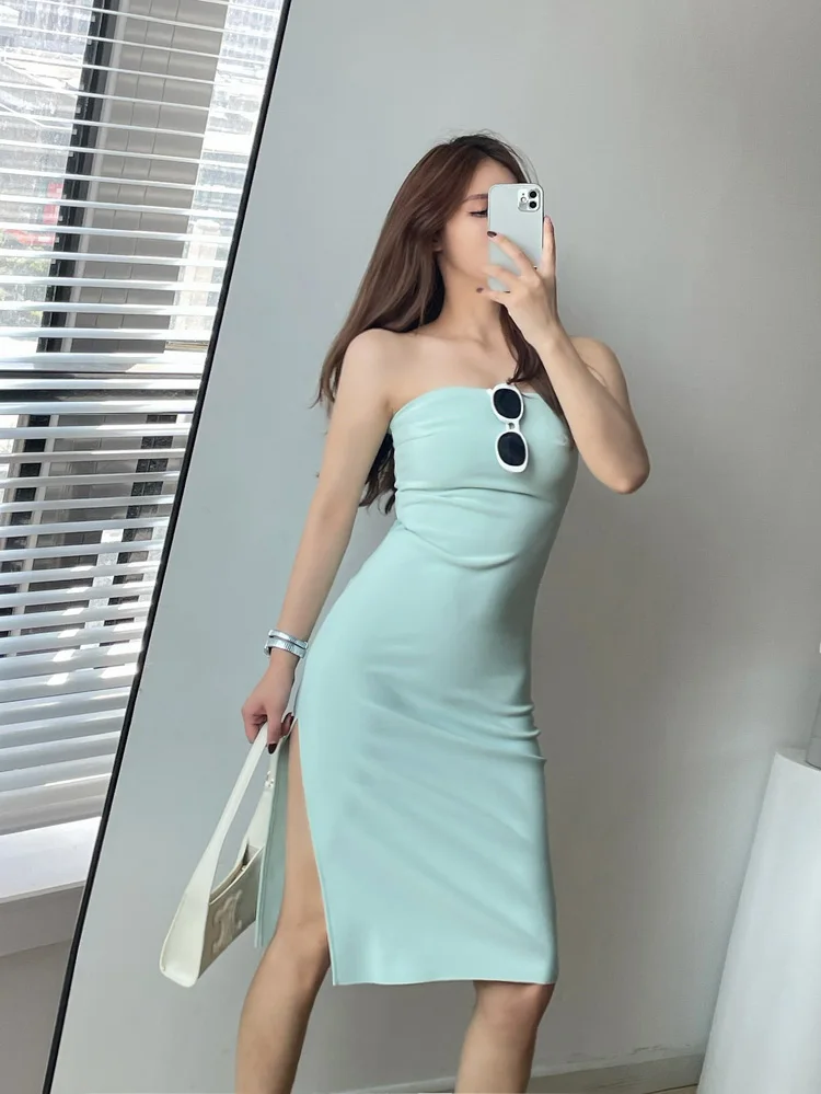 Women’s Solid Strapless Midi Dress With Fold Waist And Side Slit Detail