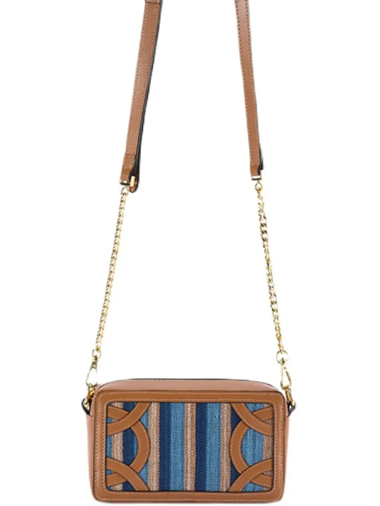 Ancient Craftsmanship Handmade Grass Cloth Youth Square Zipper Horizontal Casual Solid Leather Shoulder Handwoven Fabric Bag