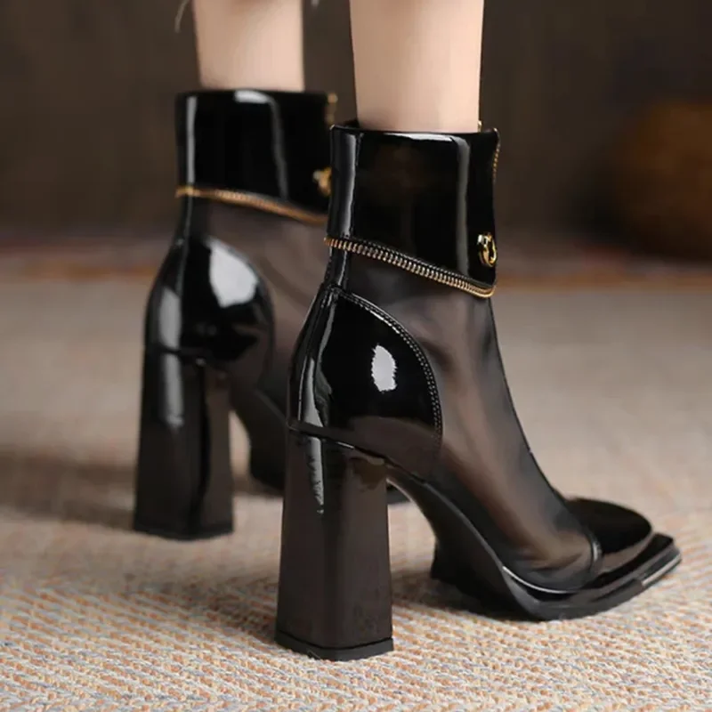 Sexy Black Mesh High Heels Ankle Boots Women 2023 Autumn Front Zipper Patent Leather Boots Woman Square Toe Thick Heeled Pumps