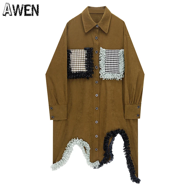 

Awen Fashion Irregular Lace Edge Dress for Women's Plaid Pocket Single-breasted Vintage Midi Dress 2022 Panelled Shirt Clothing