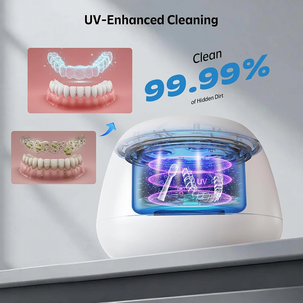 KUNPHY Dental Cleaning Pod 200ML 48kHz Ultrasonic Retainer Cleaner Machine for Jewelry Dentures Dental Appliances UV Cleaner 1