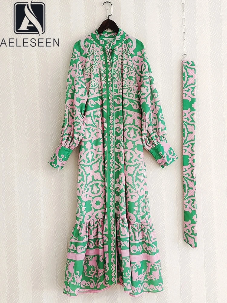 

AELESEEN Runway Fashion Women Dress Spring Summer Lantern Sleeve Pearls Button Green Flower Print Pink Purple Blet Party