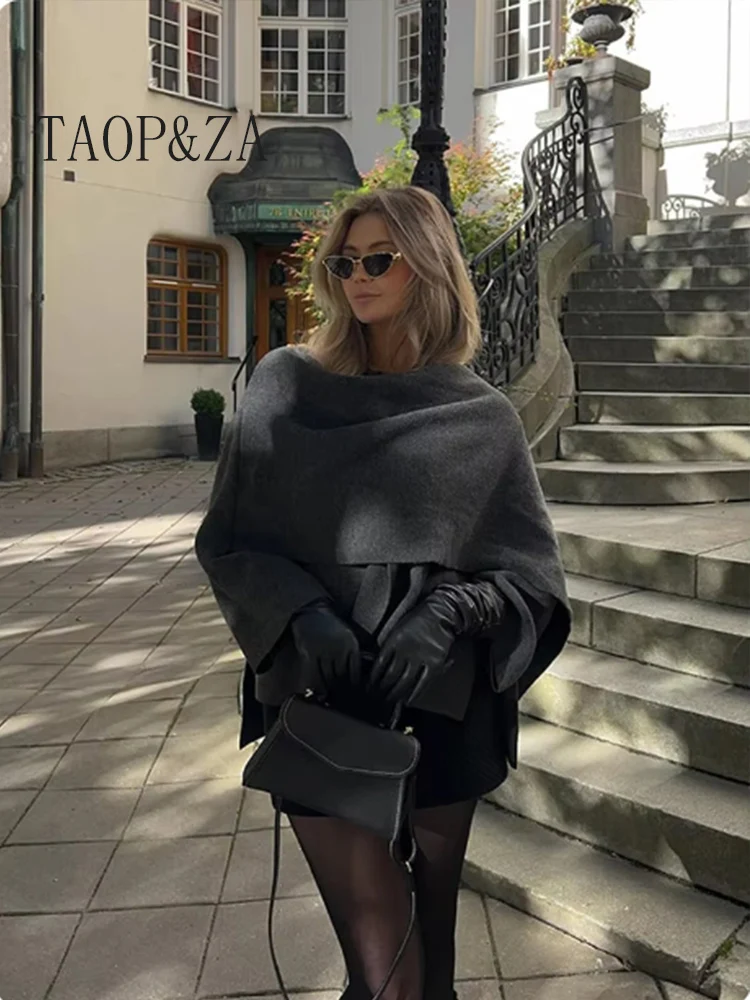 Fashion Scarf Collar Woolen Blends Jackets Women Elegant Long Sleeve Split Hem Loose Short Coats Fashion Autumn Lady Outerwear 3