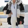 Europe and America 2023 Autumn and Winter Warm Plush Panel Zipper Pocket Hooded Loose Coat Women 2