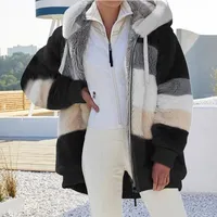 Europe and America 2023 Autumn and Winter Warm Plush Panel Zipper Pocket Hooded Loose Coat Women 2