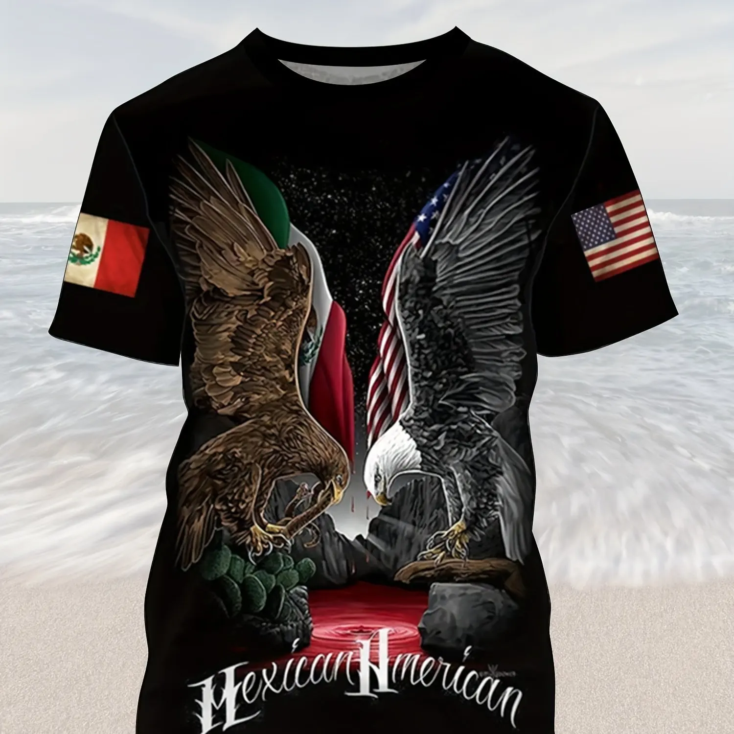 thumbnail image 1 of Camiseta con estampado de águila para hombre: cómoda, moderna y duradera, camiseta informal para todas las estaciones, diseño de moda, ropa de hombre de gran tamaño con la bandera de México, 1 of 5