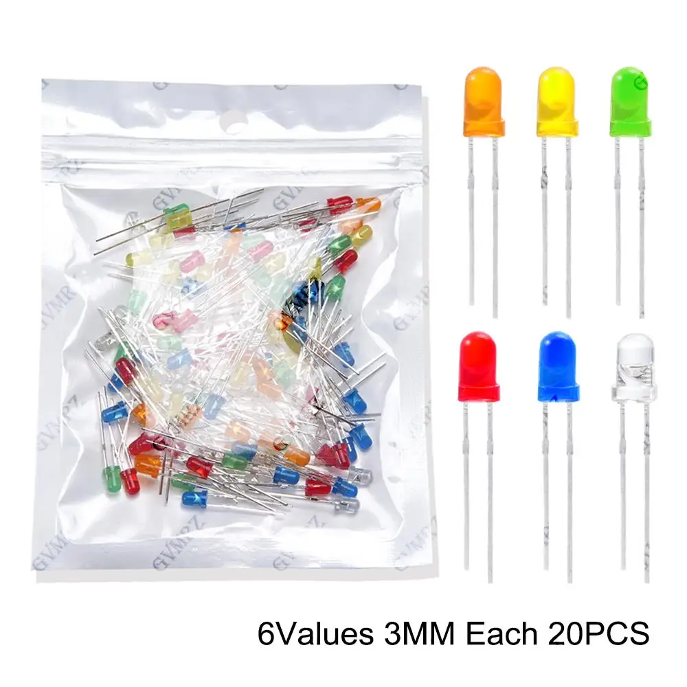 3MM 5MM 노란색 주황색 발광 다이오드 전자제품 키트 F3 F5 LED 다이오드 모듬 키트 흰색 녹색 빨간색 파란색 발광 LED F3