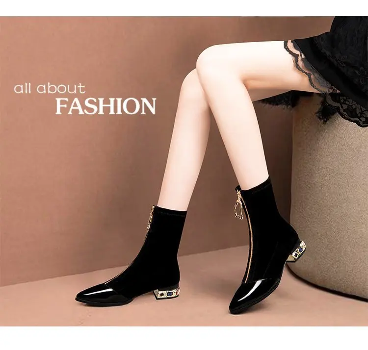 Shiny Sequin Ankle Boots For Women Pointed Square Heel Winter Shoes_voghion.com