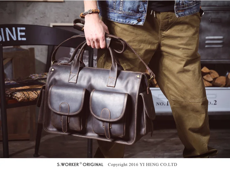 Vintage handgefertigte Herren-Aktentasche aus Crazy-Horse-Rindsleder mit mehreren Taschen, luxuriöse Business-Handtasche aus echtem Leder mit großem Fassungsvermögen für Laptops. – Detail 4