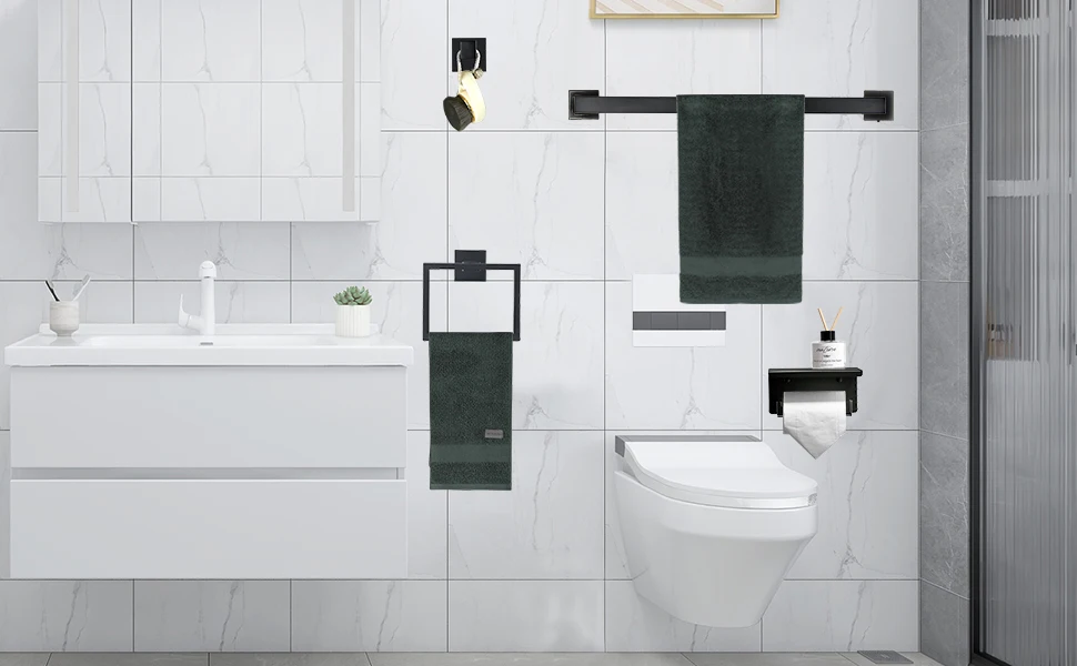 Description Picture 5 of itemBathroom Towel Bar Holder Sets Matte Black 4-Piece Bathroom Hardware Set Stainless Steel Bath Accessories Kit. Wall Mounted