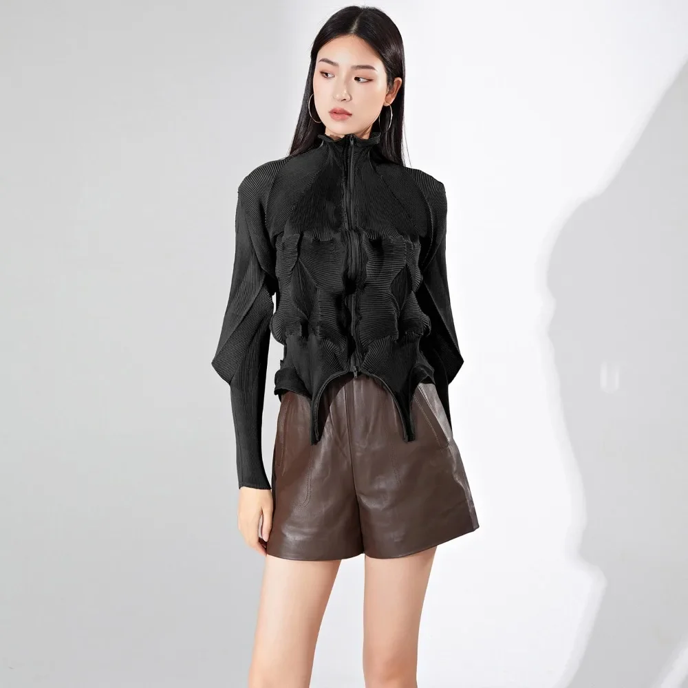 

Miyake Hot Sale Short Jacket Fall New Messy Pleated Zipper Peplum Tops Casual Camping Jacket Loose Comfortable with Elasticity