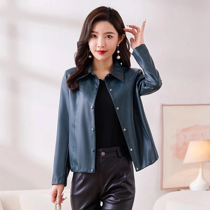 New Women Short Leather Coat Spring Autumn Fashion Turn-down Collar Single Breasted Casual Slim Jacket Split Leather Outerwear casual women printing shirt tops 2021 spring fashion new long sleeve turn down collar top elegant single breasted women s blouse