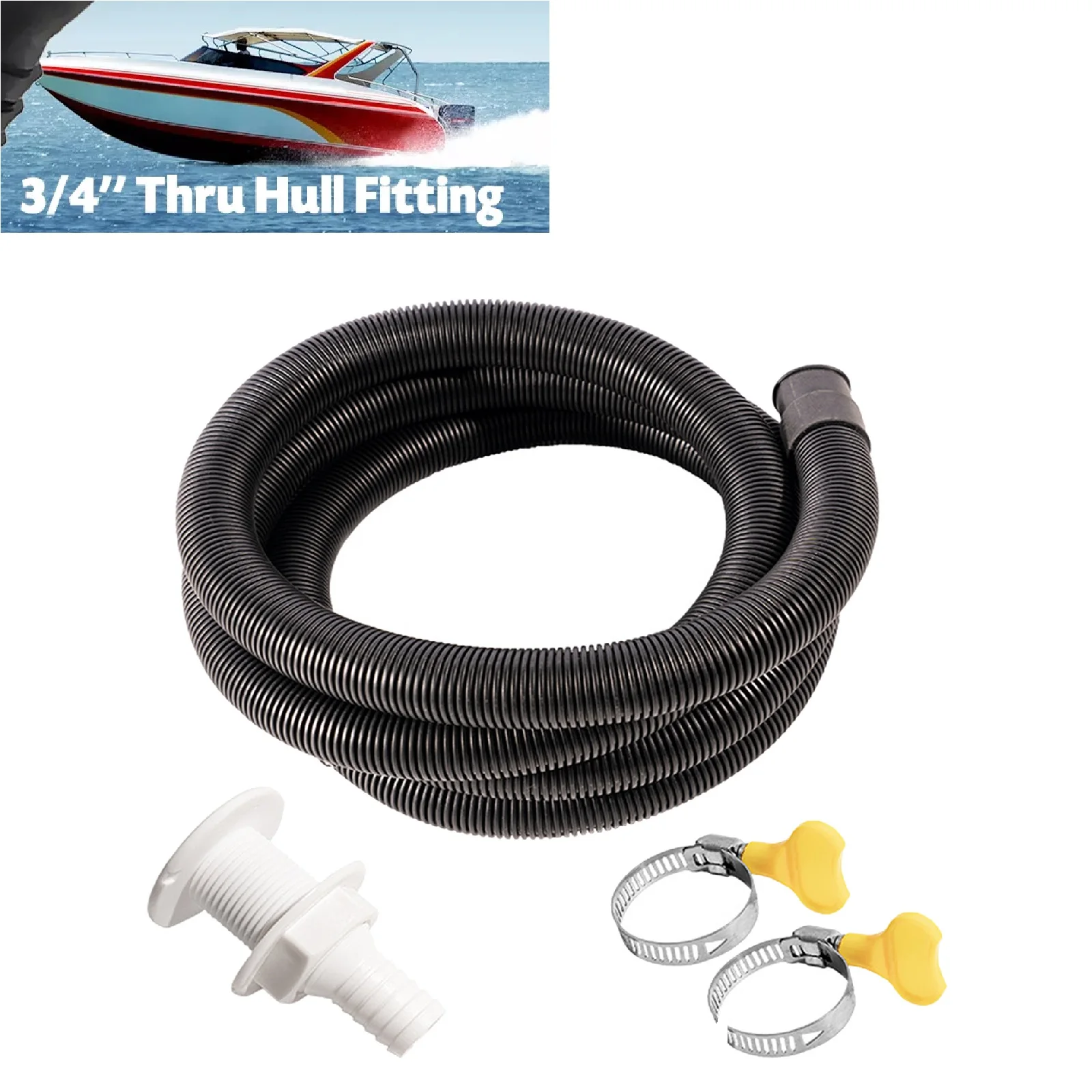 Flexible Bilge Pump Hose Installation Kit 3/4-Inch Diameter 6.6 FT for Boats with 2 Clamps and Thru-Hull Fitting