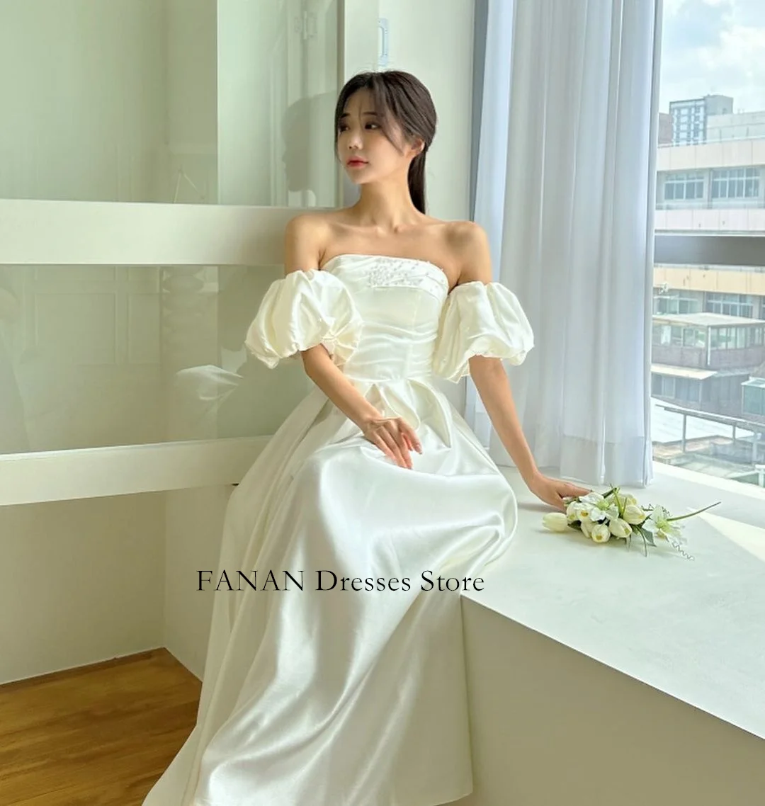 

FANAN A-Line Korea Ivory Wedding Dresses 웨딩드레스 Puff Sleeves Off Shoulder Satin Custom Made Pretty Corset Bride Gowns Plus Size
