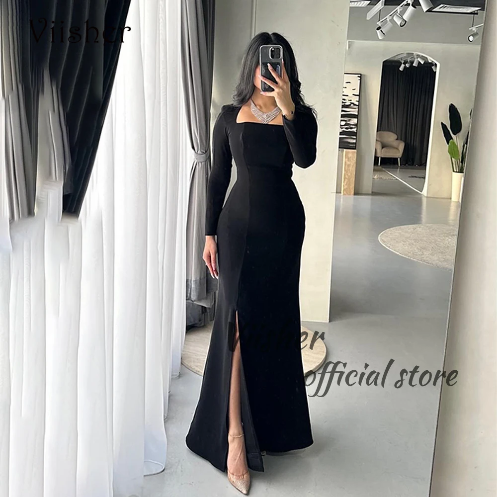 

Viisher Black Mermaid Evening Dresses Long Sleeve Square Neck Prom Dress with Slit Long Arabian Dubai Formal Occasion Gowns