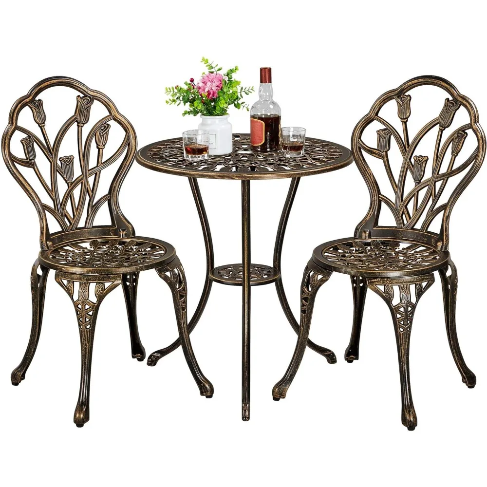 Patio Bistro Café Sets 3 Piece, Outdoor Rust-Resistant Cast Aluminum Garden Table and Chairs, Bronze,Café Furniture Sets images - 6