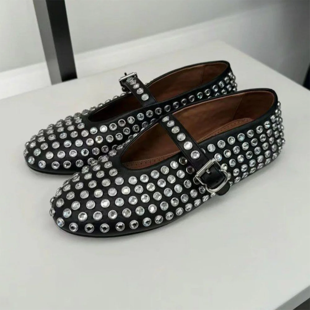 Women Crystal Studded Flats with Buckle Strap Rhinestone Ballet Flats Crystal Ballerina Shoes Comfortable Female Casual Shoes 5