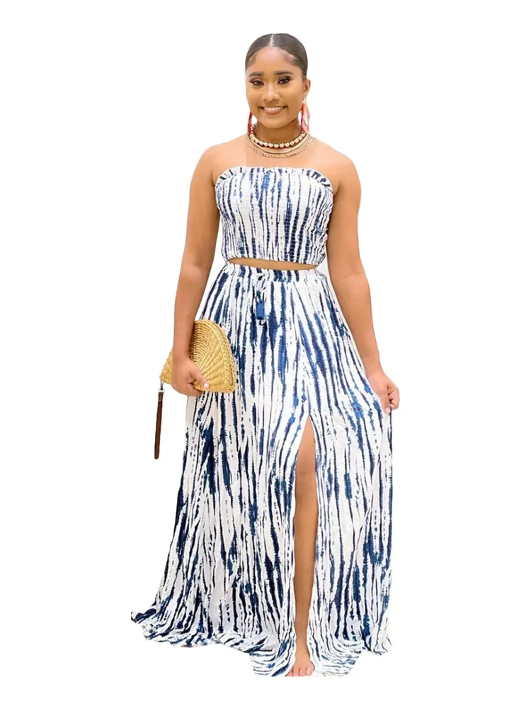 Wmstar Women Two Piece Set Summer Sexy Trendy Navy Blue Crop Top High Waist Side Slit Pleated Skirt Matching Lady Streetwear