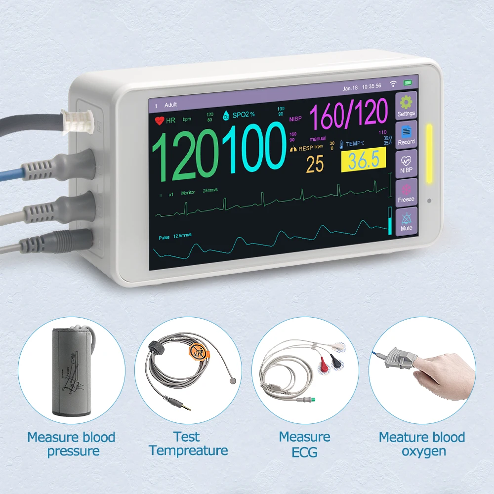 Portable 5.5 Medical 3 channel ECG Patient or Animal Monitor ICU Heart Rate Patient Blood Pressure NIBP RESP SPO2 PR TEMP