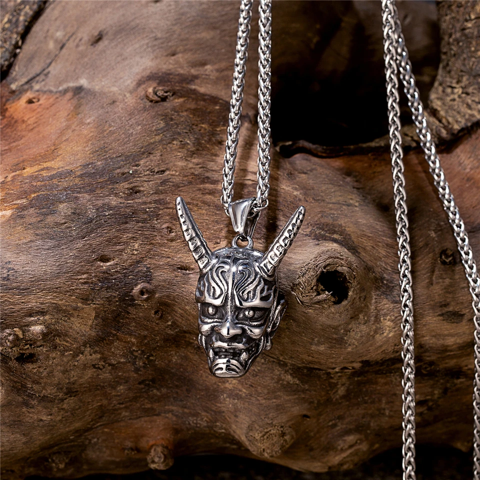 Vintage Japanese Noh Mask Necklaces Men Punk Stainless Steel