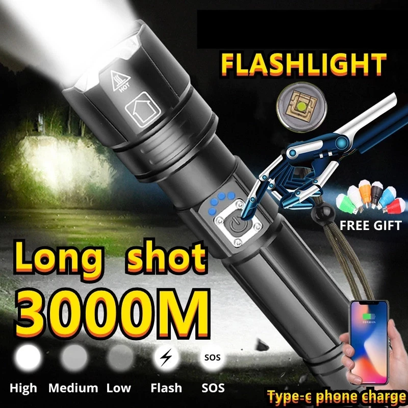 100w White Led Super Power Flashlight 3000 Meter Use 26650 Battery Type C Rechargeable Tactical Military Search Flashlight led rechargeable flashlights