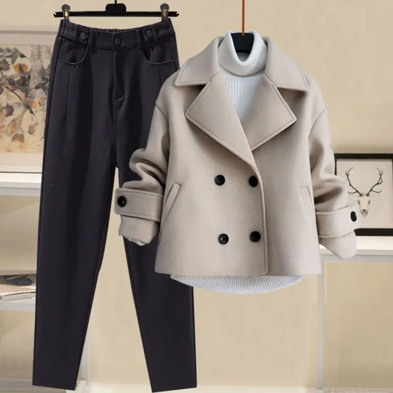 Autumn and Winter Temperament Women's High Neck Bottom Sweater Suit Windbreaker Coat Slim Fit Woolen Pants Three Piece Set Pants
