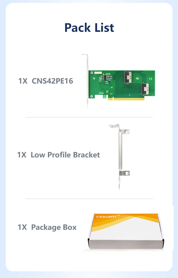 Description Picture 6 of itemCEACENT CNS42PE16 2 Port SlimSAS x8 SFF8654 Adapter PCIe 3.0 x16, PCIe 4.0 Compatible For ALEO, Multi-GPU Solutions, PCIe Extend