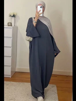2026 New Solid Color Abaya Muslim Women Flare Sleeve Loose Maxi Dress Dubai Casual Islamic Robe