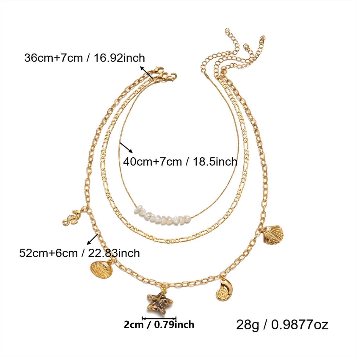3-teiliges Keramik-Seestern-Anhänger-Halsketten-Set für Damen, Metall-Muschel-Mehrschichtige Schlüsselbeinkette, Sommer-Urlaubs-Reiseschmuck – Detail 10
